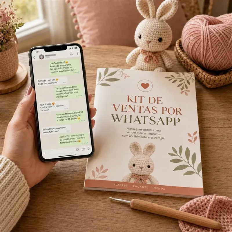 Portada del kit de ventas por WhatsApp con un celular al lado.