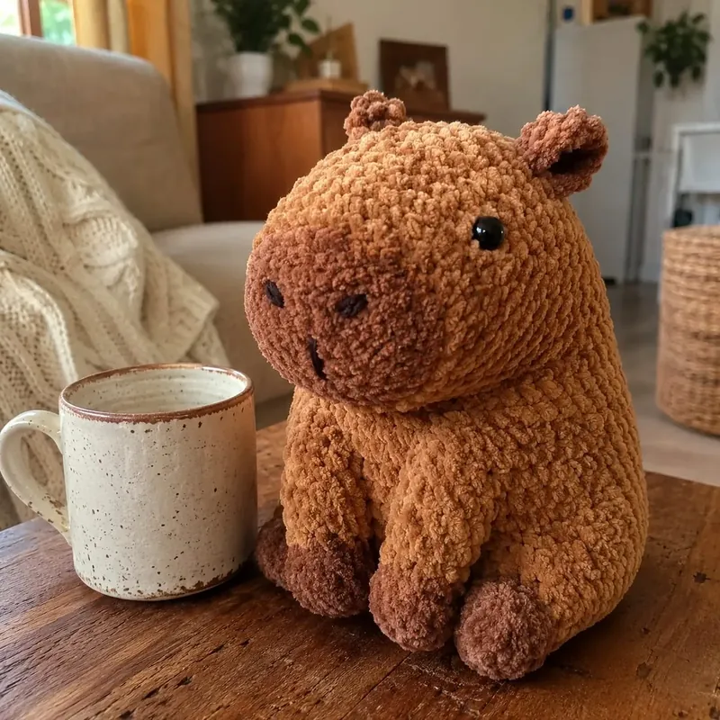 Capibara de crochet en hilo de terciopelo caramelo, sentada en la mesa de madera junto a una taza.