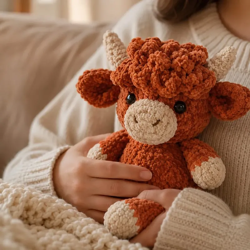 Primer plano de la textura peluda de un amigurumi de hilo de terciopelo.