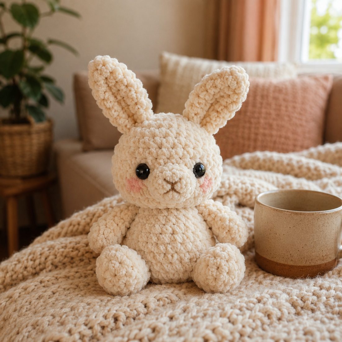 Conejito de crochet en hilo de terciopelo crema sentado sobre una manta, junto a una taza.