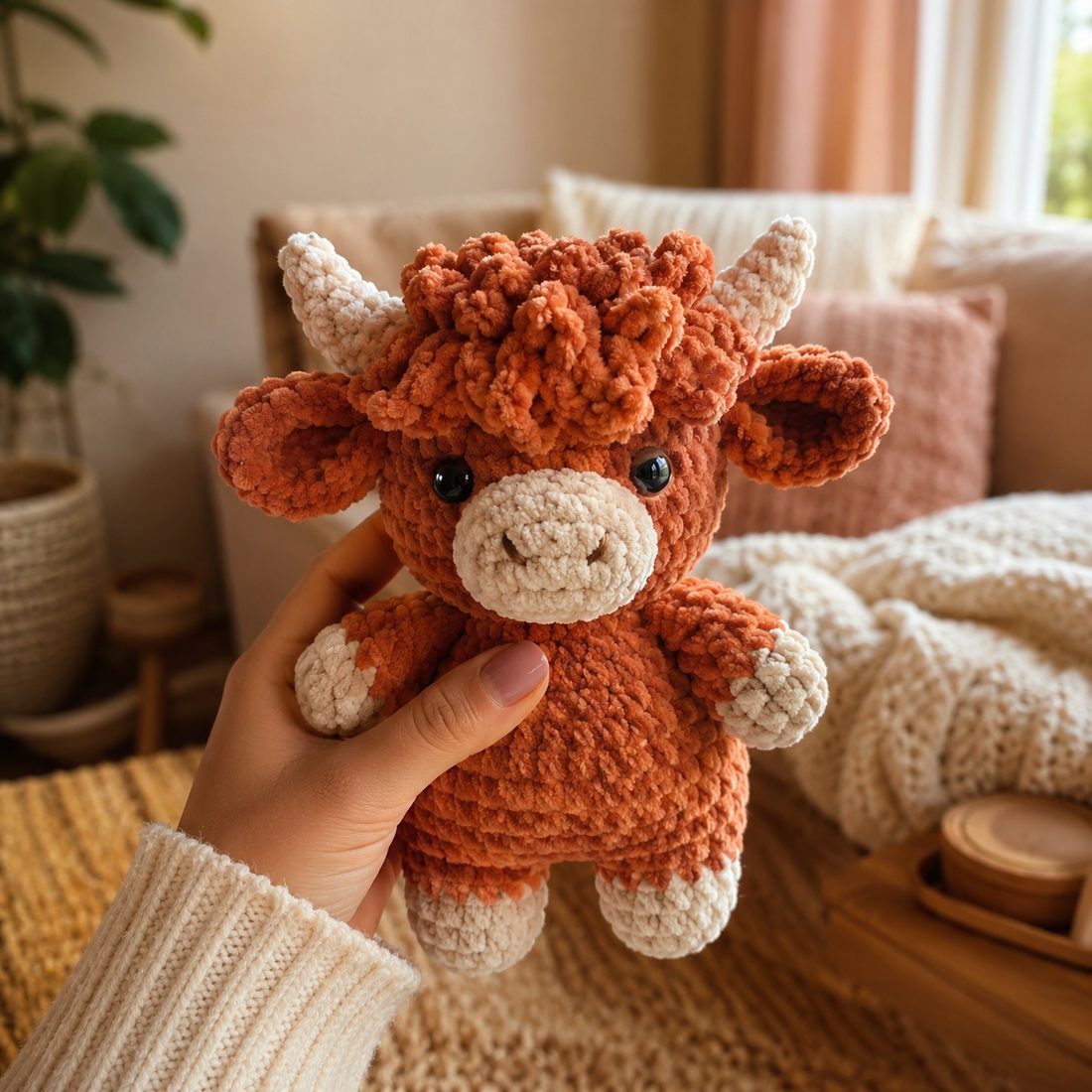 Mano sosteniendo una vaquita highland de crochet en hilo de terciopelo terracota, en la sala.